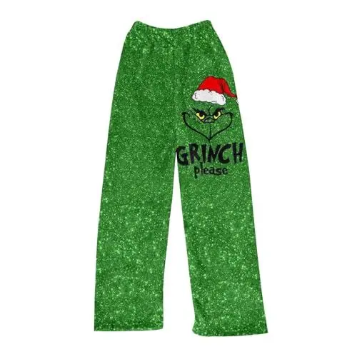 Produktbild: 𝑮𝒓𝒊𝒏𝒄𝒉 Weihnachts Pyjamahose Damen Wollhose Damen Weinachts Hose Familien Pyjama Weihnachten Damen Hose Schwarz Weihnachts Schlafanzug Kinder Pärchen Weihnachten Pyjamas Jogginghose Grün 2XL